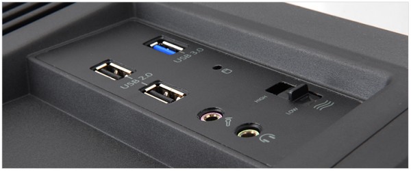 Top-mounted USB ports, audio socket, power and reset buttons. (USB 3.0 port & fan controller switch are available only on the Z5 Plus.)