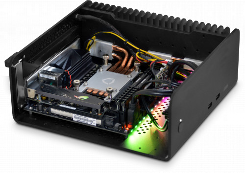 Photo showing internal component layout - internal tray has been removed to give a better view. Motherboard RGB lights can be turned off, X470-I motherboard shown.